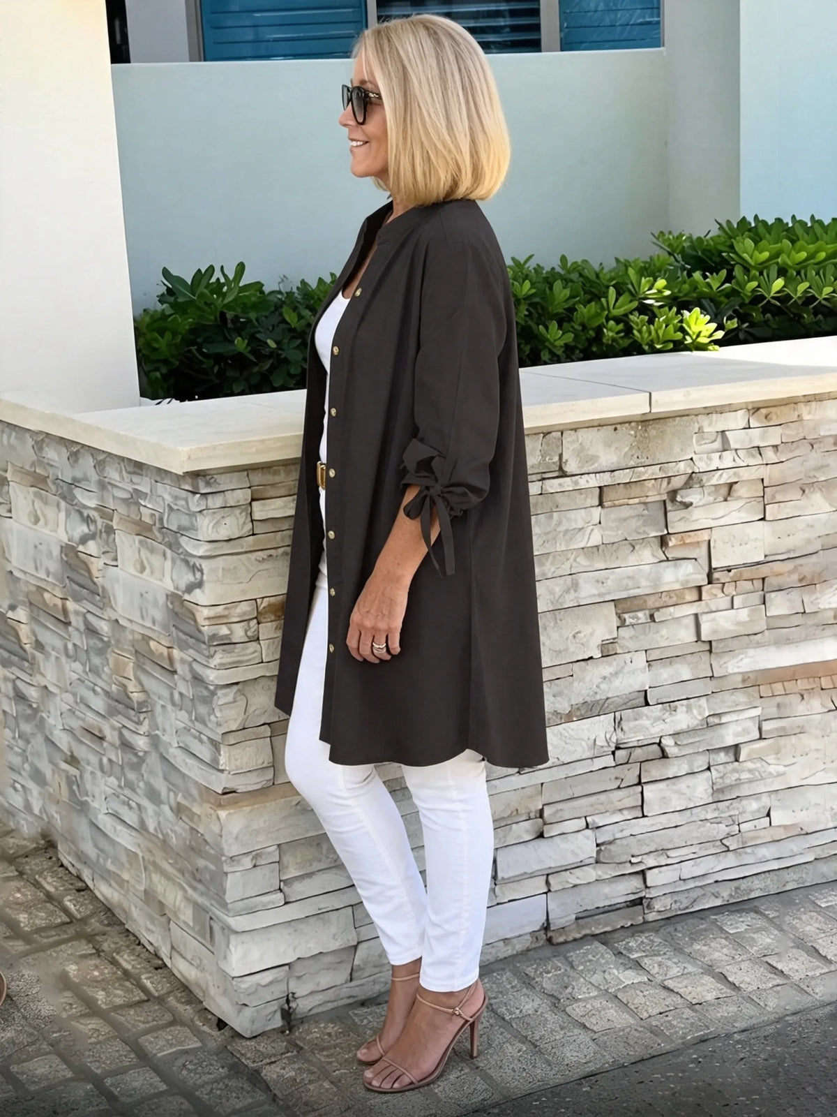 Solid Color Long Cotton Shirt Flattering Gathered Yolk At The Back