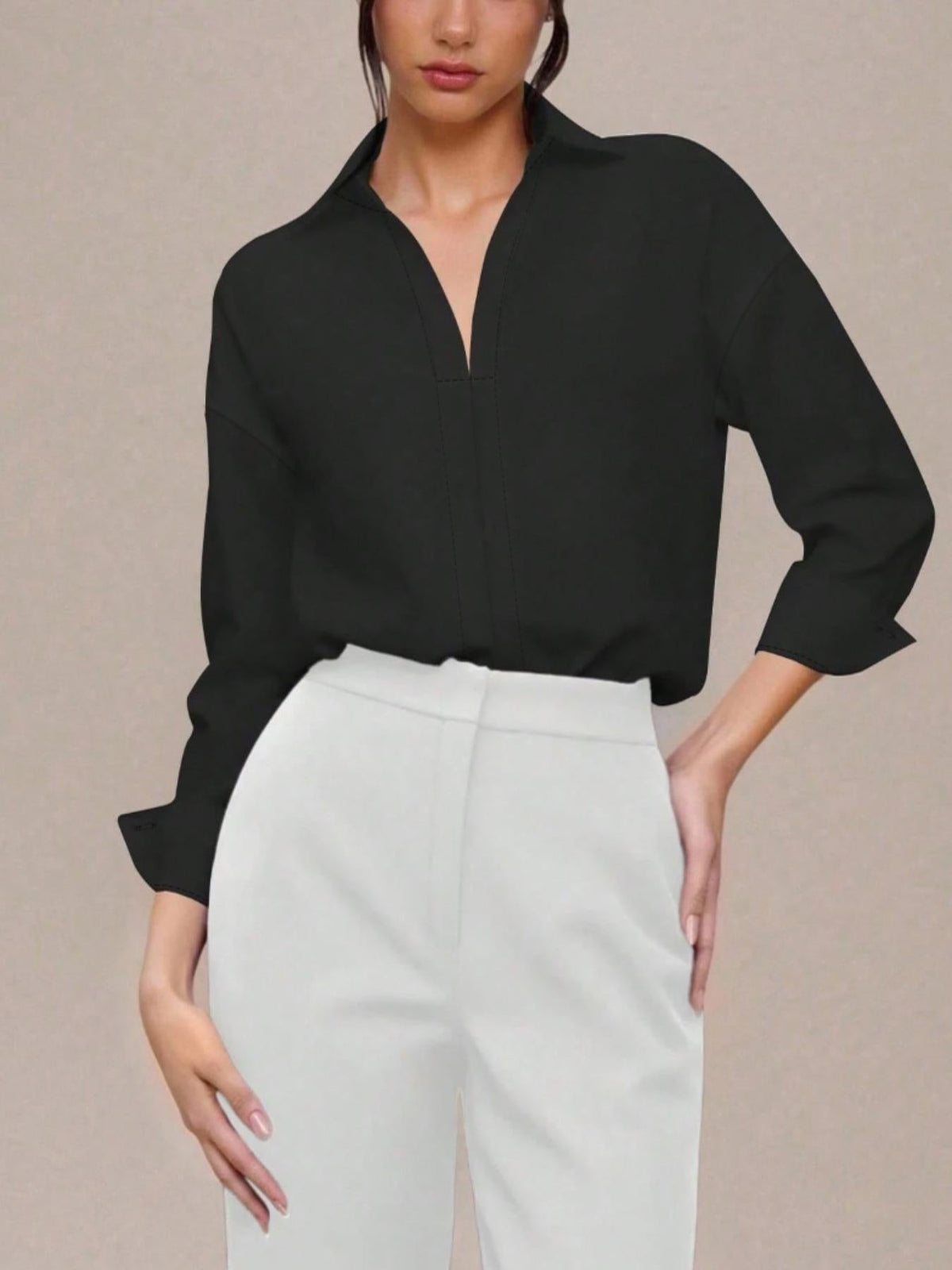 🌸🌸Women's V-Neck Woven Long Sleeve Bodysuit
