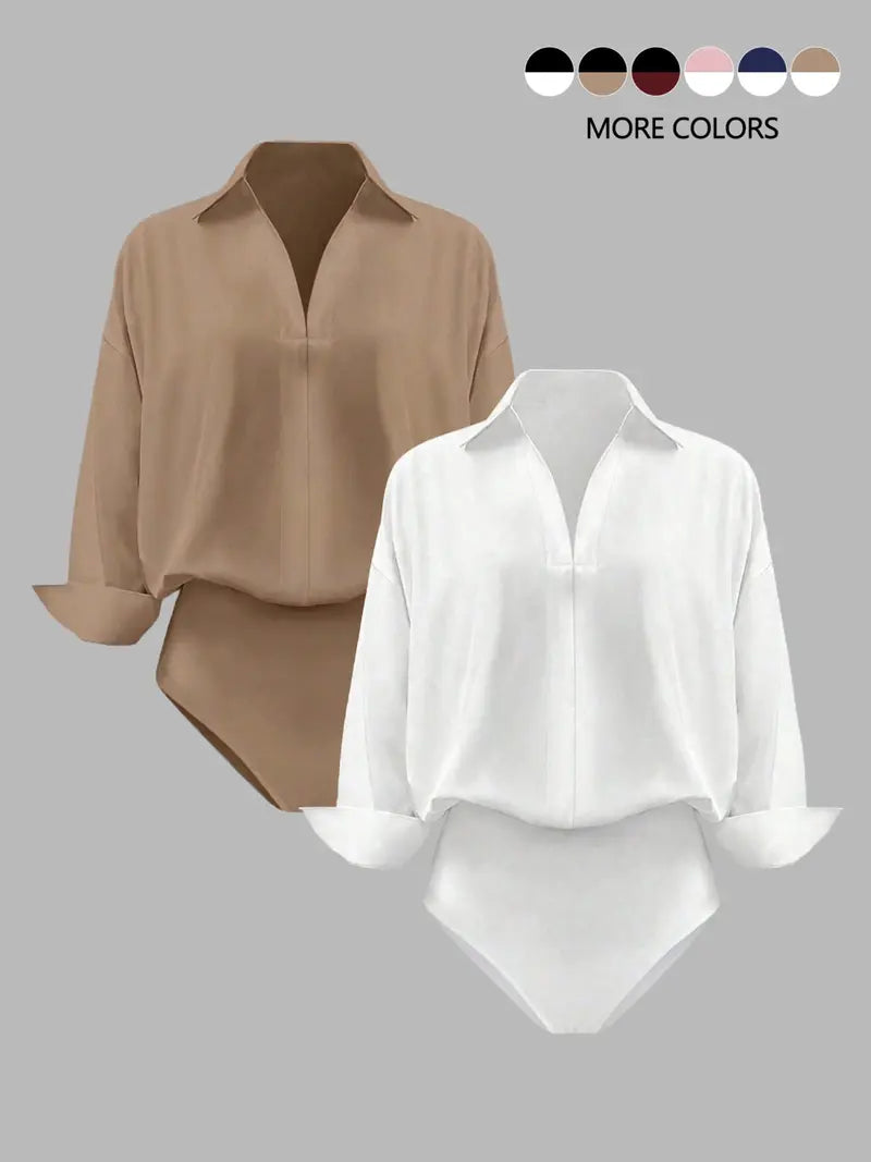 🌸🌸Women's V-Neck Woven Long Sleeve Bodysuit
