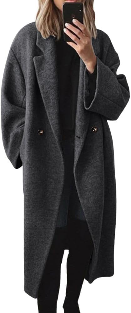 π Women's Winter Double Breasted Wool Coat Long Sleeve Notch Lapel Long Trench Coat