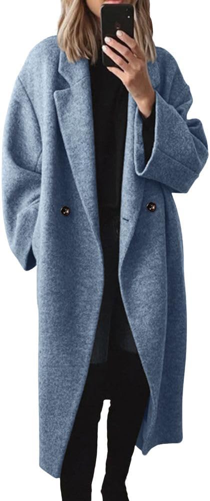 π Women's Winter Double Breasted Wool Coat Long Sleeve Notch Lapel Long Trench Coat