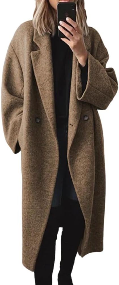 π Women's Winter Double Breasted Wool Coat Long Sleeve Notch Lapel Long Trench Coat