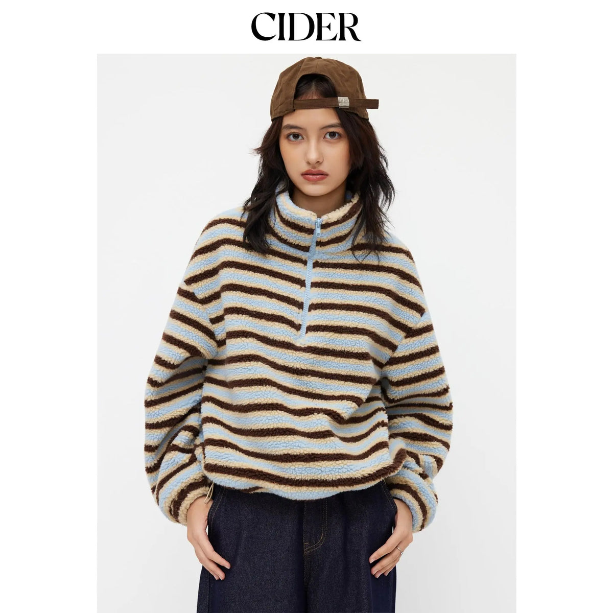 🌸🌸Women Cider Fleece Stripe Half Zip Oversized Sweatshirt