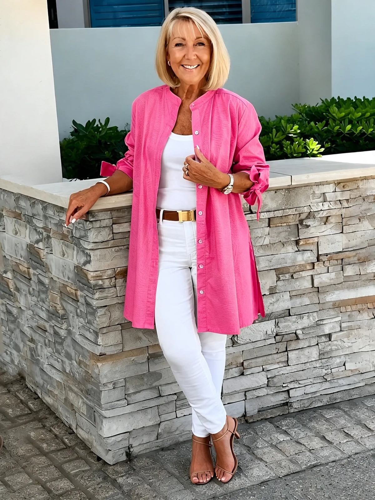 Solid Color Long Cotton Shirt Flattering Gathered Yolk At The Back