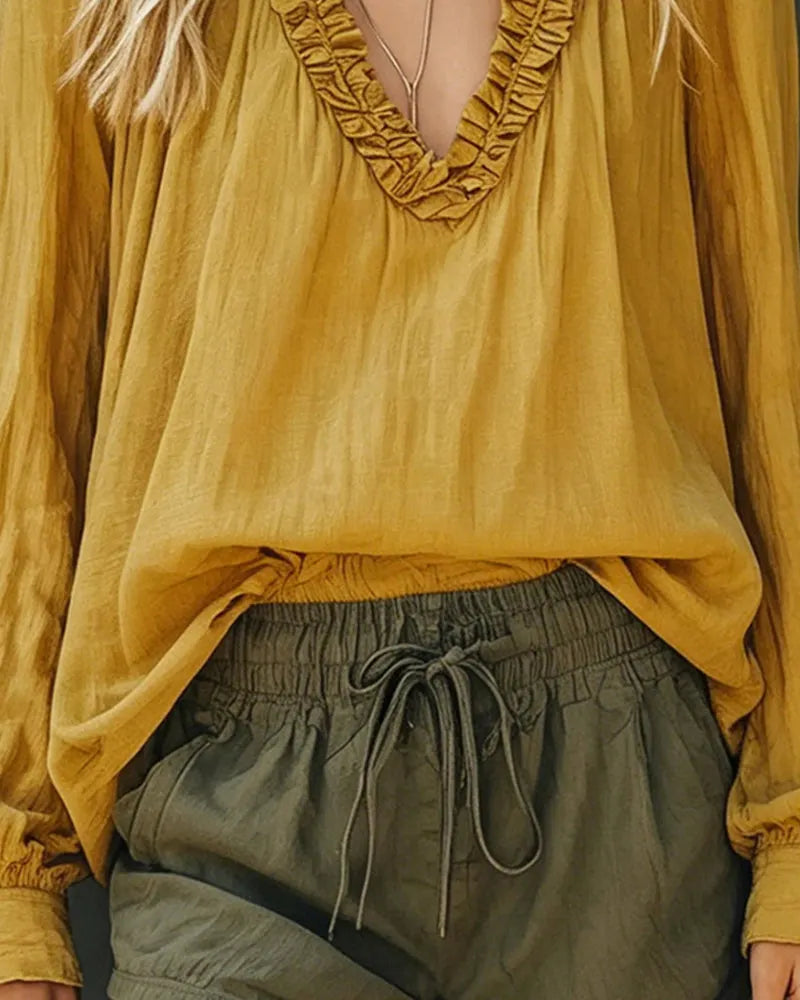 Casual Ruffled V-Neck Puff Sleeve Textured Blouse