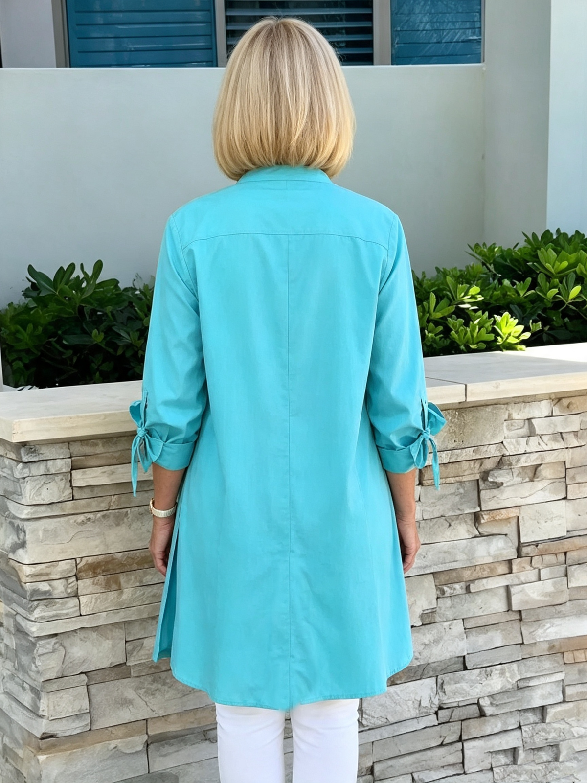 Solid Color Long Cotton Shirt Flattering Gathered Yolk At The Back