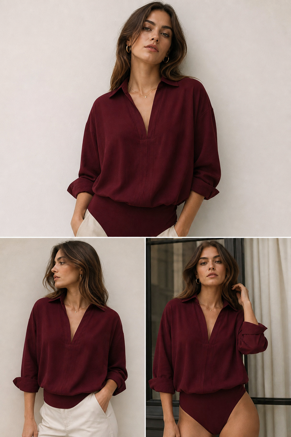 🌸🌸Women's V-Neck Woven Long Sleeve Bodysuit
