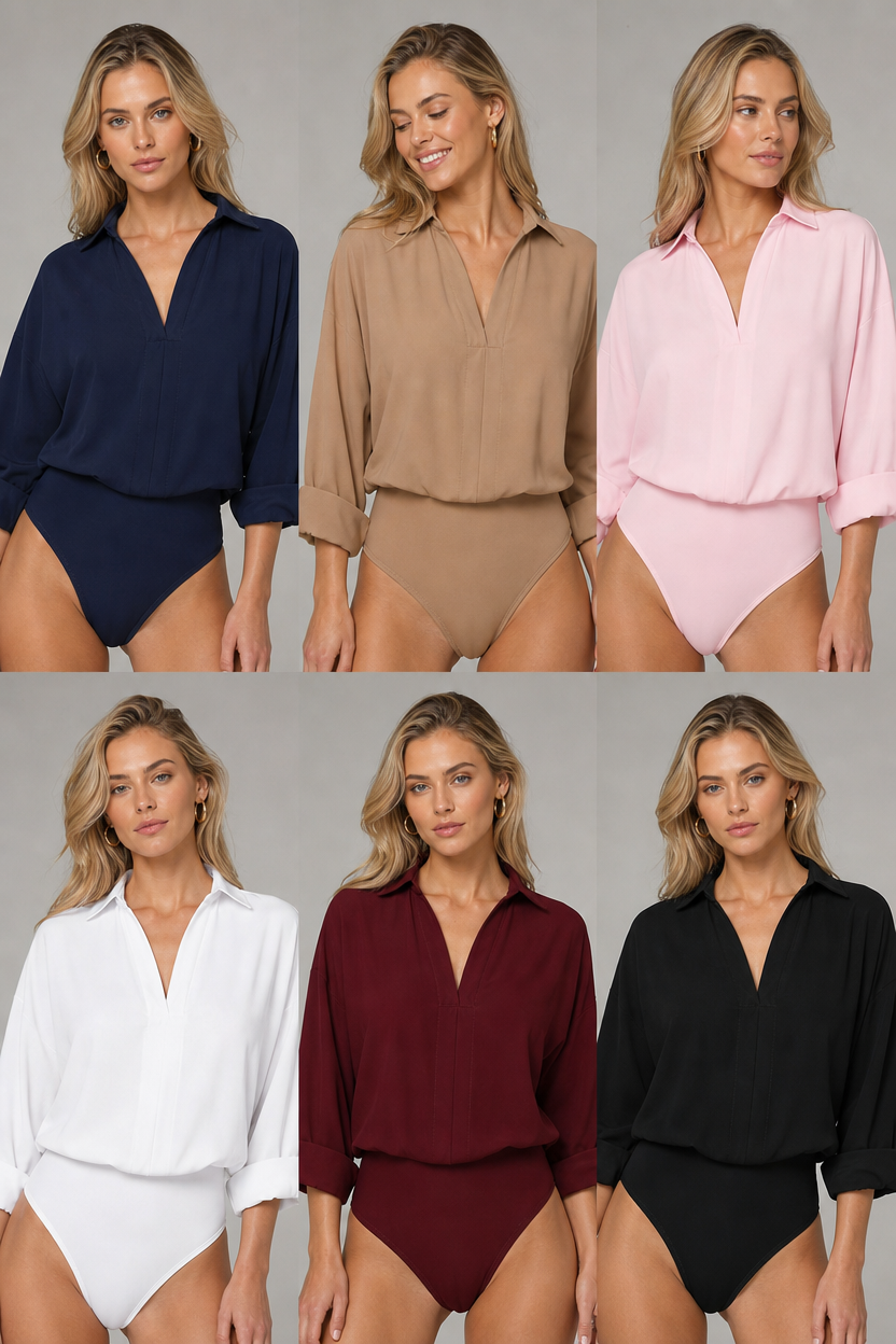 🌸🌸Women's V-Neck Woven Long Sleeve Bodysuit