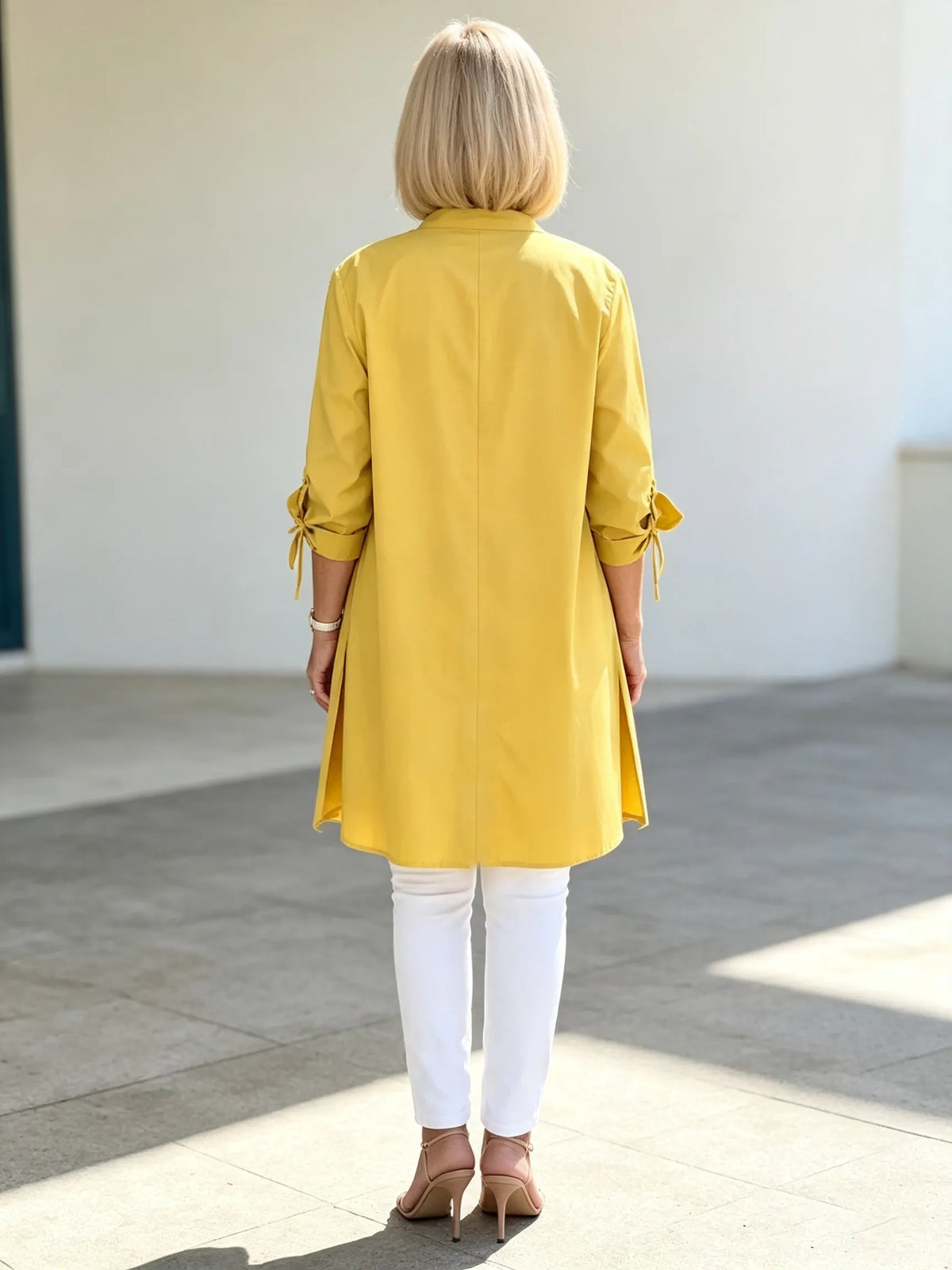Solid Color Long Cotton Shirt Flattering Gathered Yolk At The Back