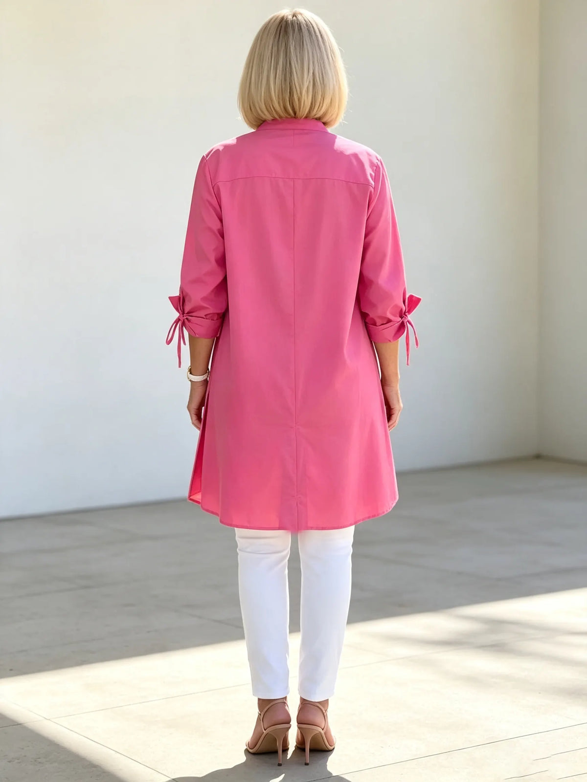 Solid Color Long Cotton Shirt Flattering Gathered Yolk At The Back