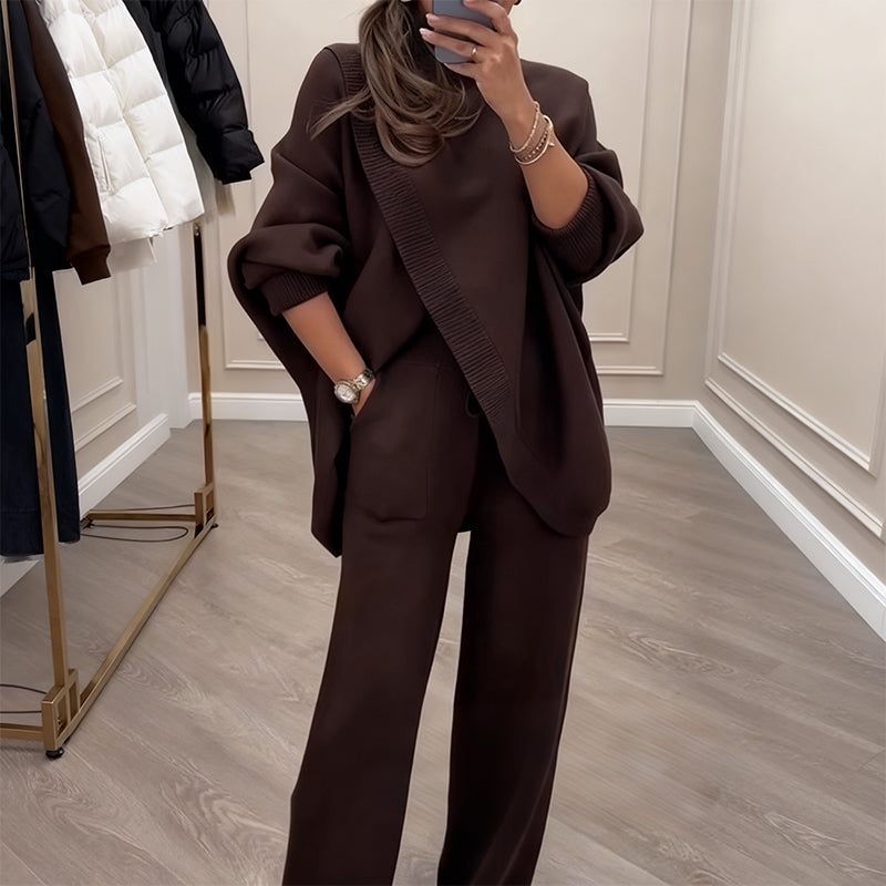 🖤 BLACK FRIDAY SALE 🖤 ☁️ Women's Asymmetrical Sweater & Wide-Leg Pants Set | Relaxed Fit & Cozy Comfort