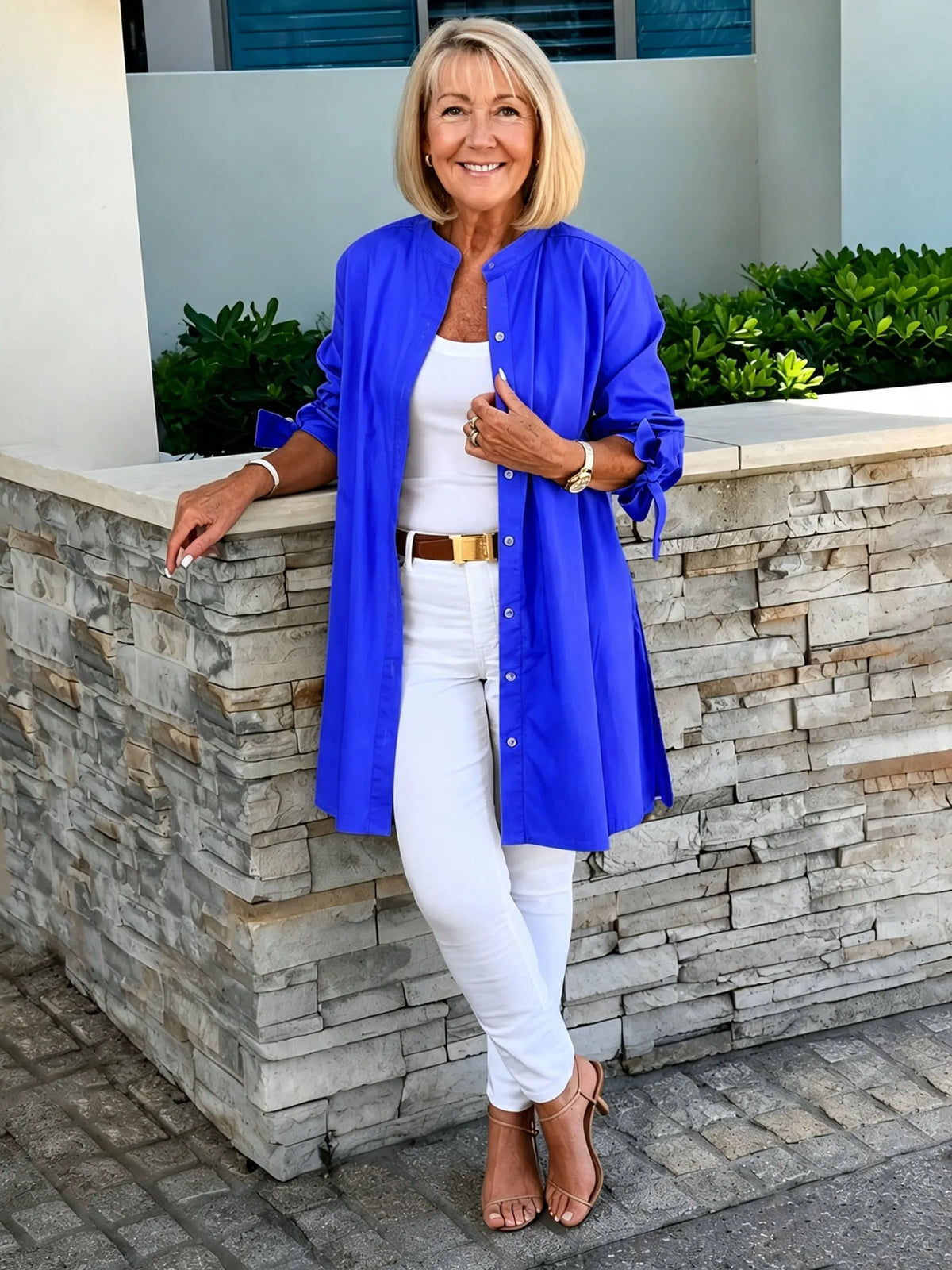 Solid Color Long Cotton Shirt Flattering Gathered Yolk At The Back
