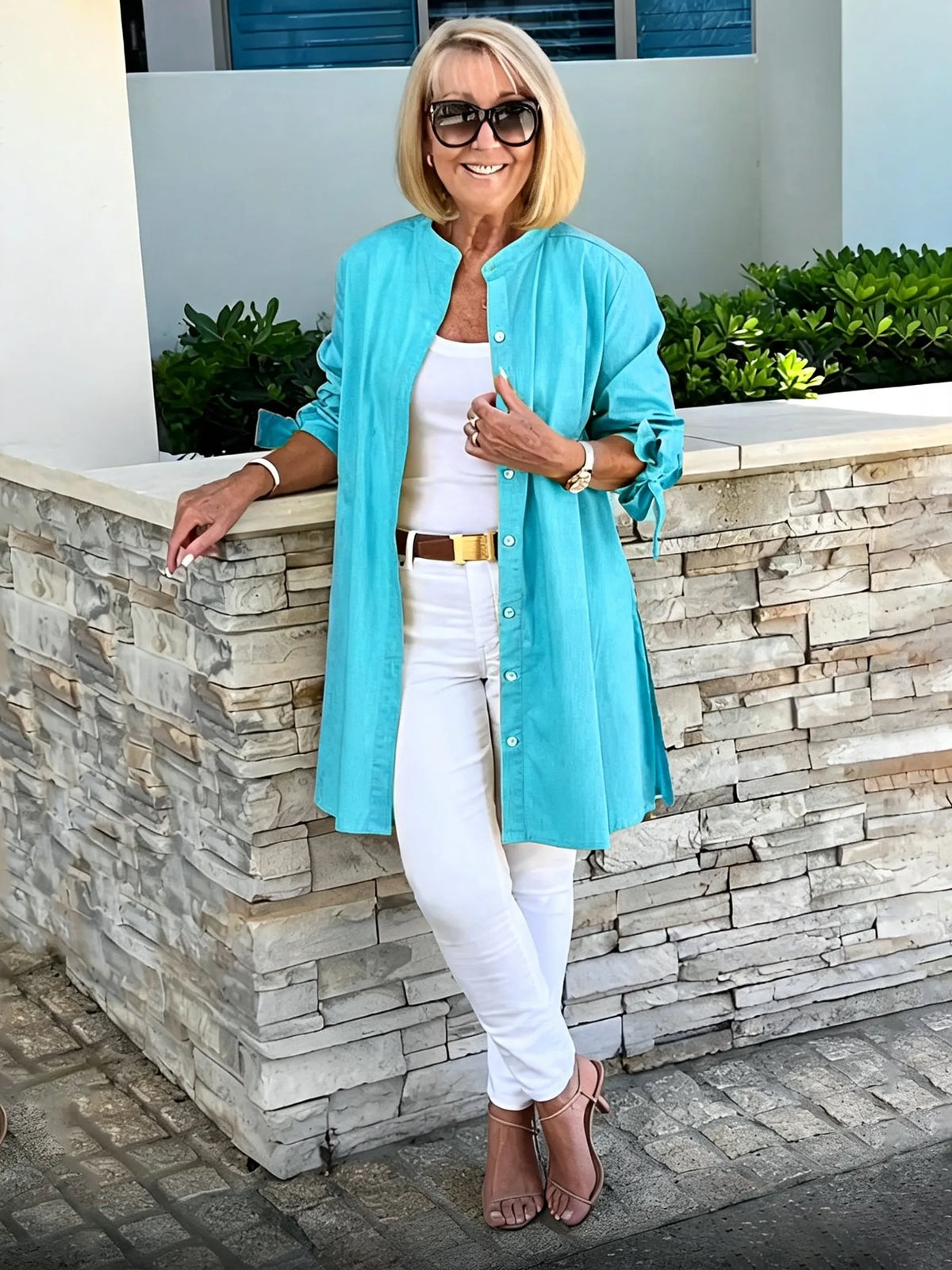 Solid Color Long Cotton Shirt Flattering Gathered Yolk At The Back