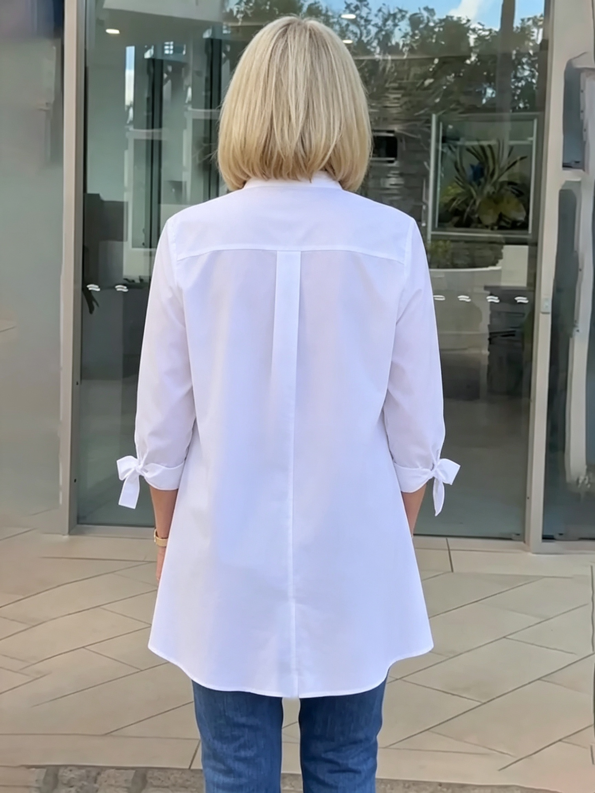 Solid Color Long Cotton Shirt Flattering Gathered Yolk At The Back