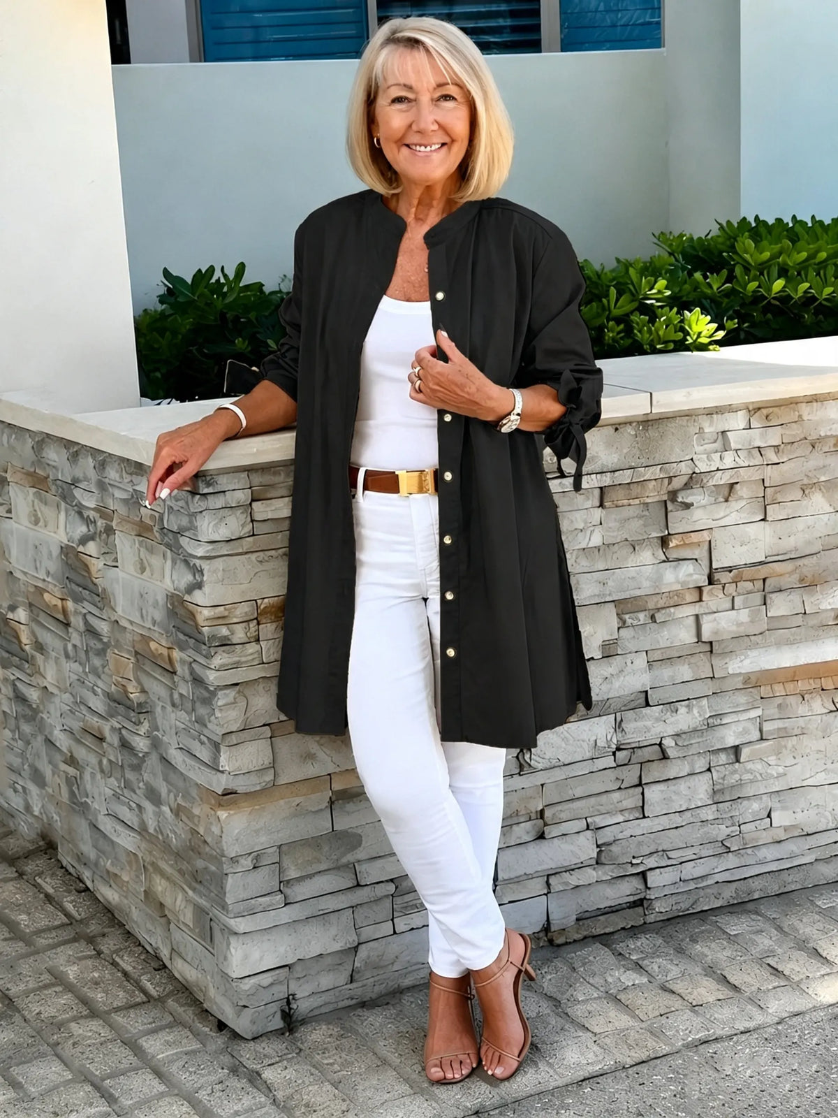 Solid Color Long Cotton Shirt Flattering Gathered Yolk At The Back