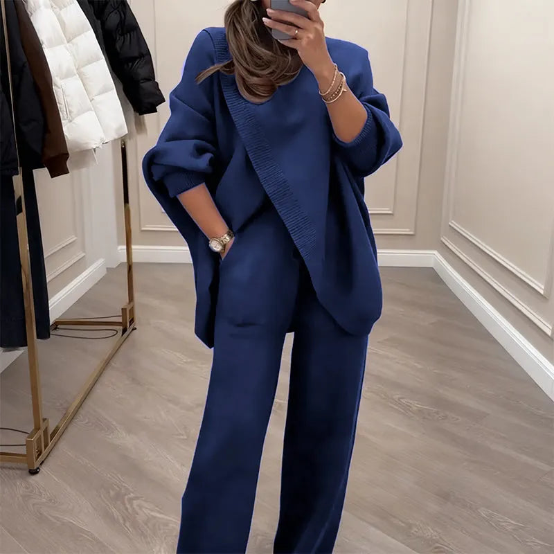 🖤 BLACK FRIDAY SALE 🖤 ☁️ Women's Asymmetrical Sweater & Wide-Leg Pants Set | Relaxed Fit & Cozy Comfort