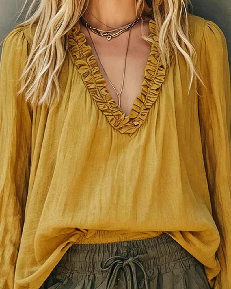 Casual Ruffled V-Neck Puff Sleeve Textured Blouse