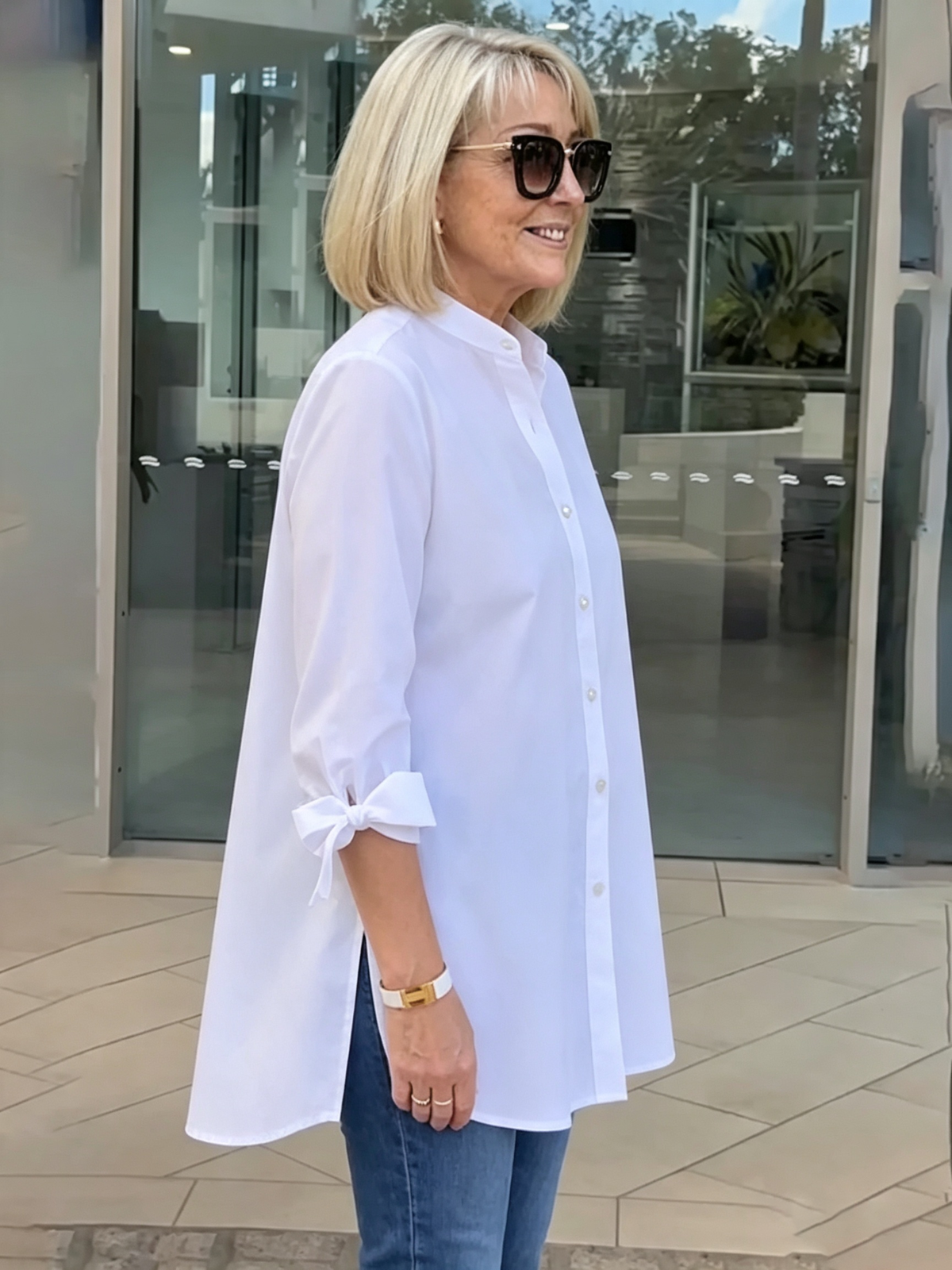 Solid Color Long Cotton Shirt Flattering Gathered Yolk At The Back