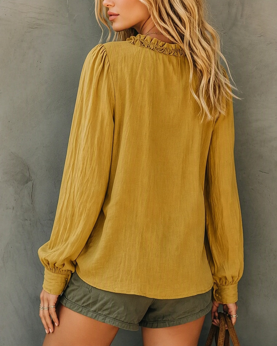 Casual Ruffled V-Neck Puff Sleeve Textured Blouse