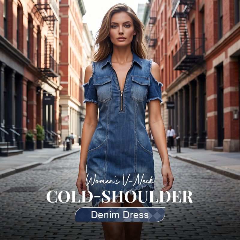 👖 Women's Cold-Shoulder Denim Dress – V-Neck, Flowy, Boho 🌼✨