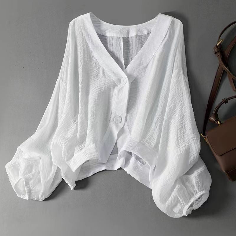 🔥 FINAL HOURS — Women's Lightweight V-Neck Shirt | Lantern Sleeves & Sheer Layer