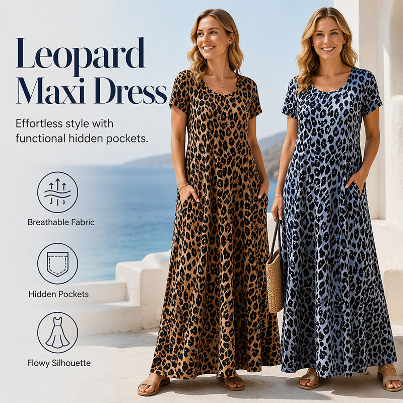 🥳2026 HOT SALE 50% Off🥳💞Women's Leopard Print Maxi Dress with Pockets Casual Short Sleeve Long Dress