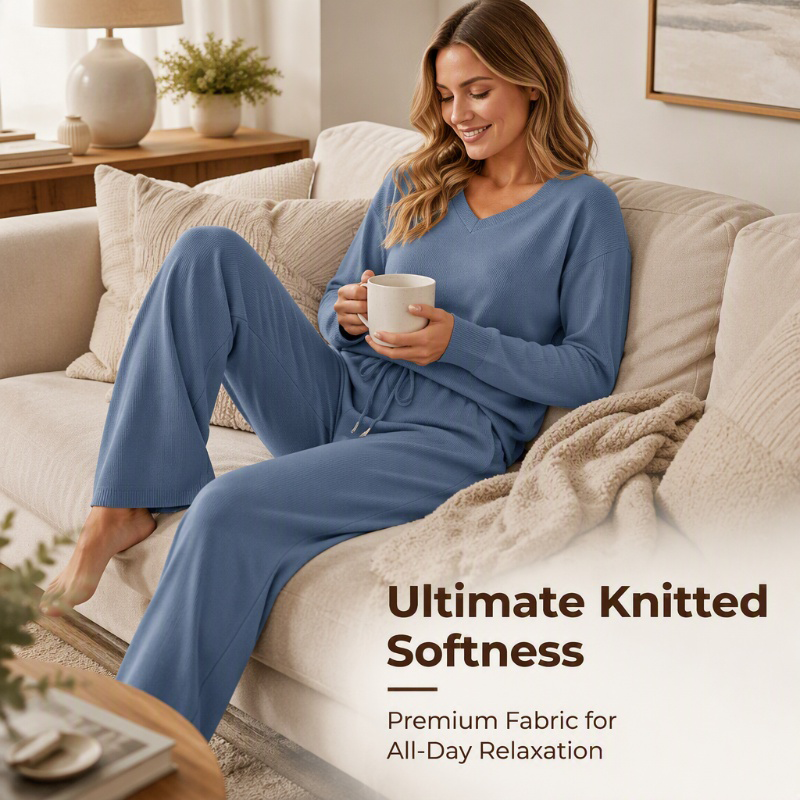 🖤 BLACK FRIDAY SALE 🖤 ☁️ Women's V-Neck Knit Lounge Set | Relaxed Top & Pants for Effortless Comfort
