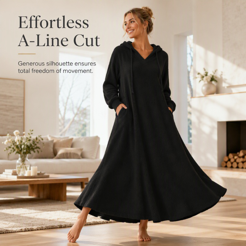 🖤 BLACK FRIDAY SALE 🖤 ☁️ Women's Plush Hooded Maxi Lounge Dress | Cozy Warmth & Relaxed Comfort